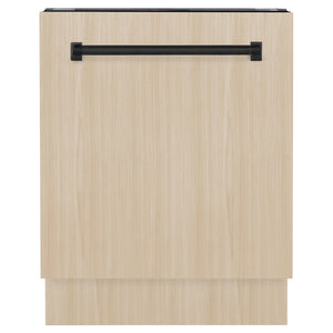 ZLINE Autograph Edition 24 in. Tallac Series 3rd Rack Dishwasher with Auto Door Open Drying, 51dBa, Panel Ready with Matte Black Handle (DWVZ-24-MB) front, with custom wood panel.