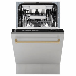 ZLINE Autograph Edition 18 in. Tallac Series 3rd Rack Dishwasher with Auto Door Open Drying, 51dBa, Stainless Steel Panel with Champagne Bronze Handle (DWVZ-304-18-CB) front, half open.