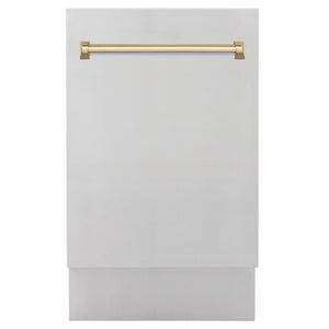 ZLINE Autograph Edition 18 in. Tallac Series 3rd Rack Dishwasher with Auto Door Open Drying, 51dBa, Stainless Steel Panel with Champagne Bronze Handle (DWVZ-304-18-CB) main image.