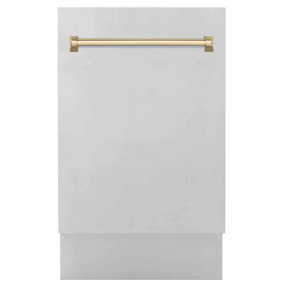 ZLINE Autograph Edition 18 in. Tallac Series 3rd Rack Dishwasher with Auto Door Open Drying, 51dBa, Stainless Steel Panel with Champagne Bronze Handle (DWVZ-304-18-CB) main image.