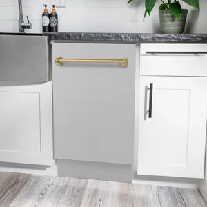ZLINE Autograph Edition 18 in. Tallac Series 3rd Rack Dishwasher with Auto Door Open Drying, 51dBa, Stainless Steel Panel with Champagne Bronze Handle (DWVZ-304-18-CB) in a modern kitchen with white cabinets and a gray countertop.