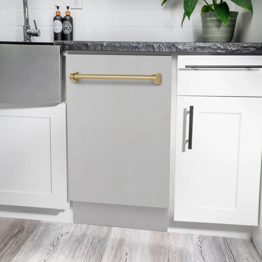 ZLINE Autograph Edition 18 in. Tallac Series 3rd Rack Dishwasher with Auto Door Open Drying, 51dBa, Stainless Steel Panel with Champagne Bronze Handle (DWVZ-304-18-CB) in a modern kitchen with white cabinets and a gray countertop.