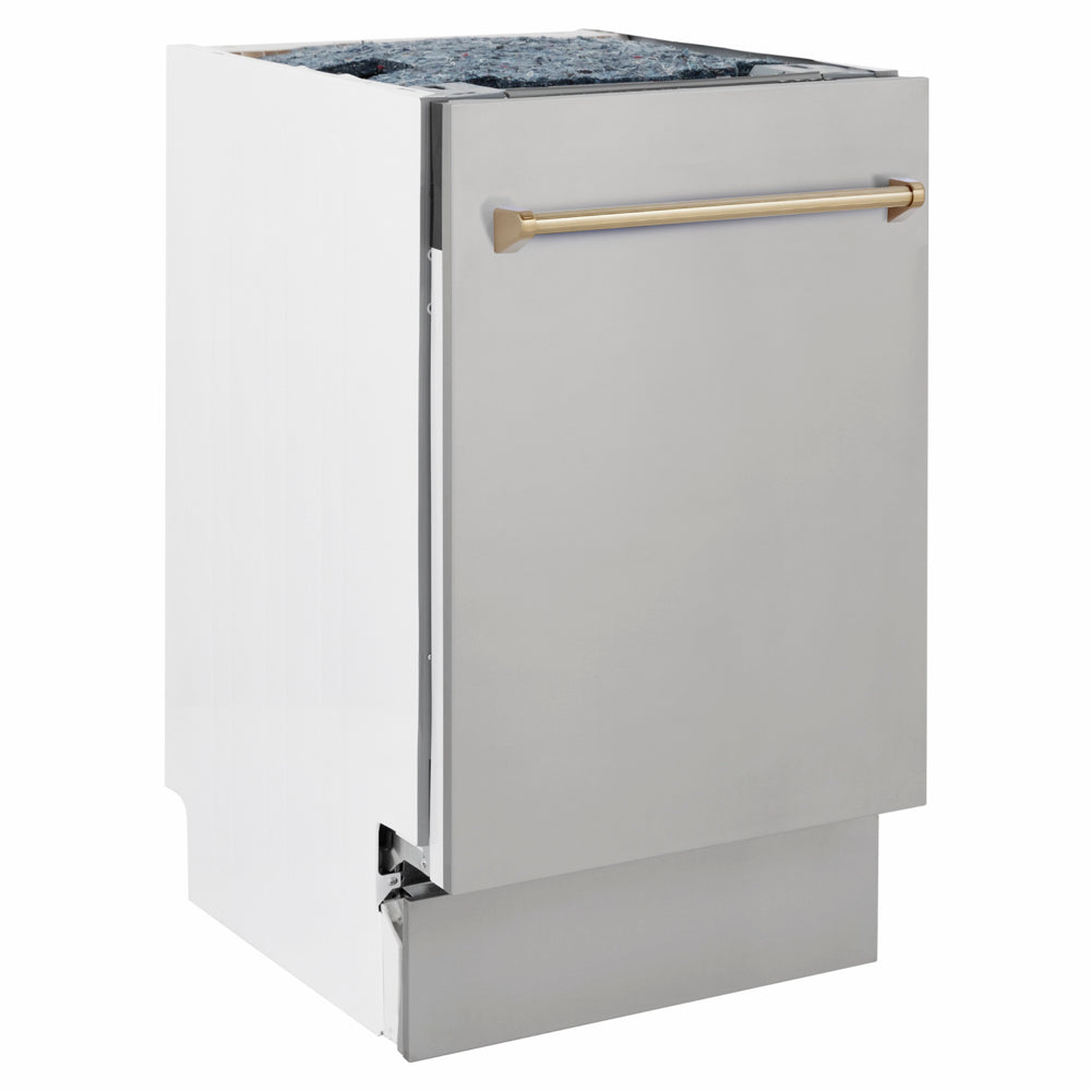 ZLINE Autograph Edition 18 in. Tallac Series 3rd Rack Dishwasher with Auto Door Open Drying, 51dBa, Stainless Steel Panel with Champagne Bronze Handle (DWVZ-304-18-CB) side.