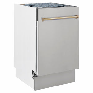 ZLINE Autograph Edition 18 in. Tallac Series 3rd Rack Dishwasher with Auto Door Open Drying, 51dBa, Stainless Steel Panel with Champagne Bronze Handle (DWVZ-304-18-CB) side.