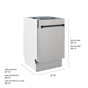 ZLINE Autograph Edition 18 in. Tallac Series 3rd Rack Dishwasher with Auto Door Open Drying, 51dBa, Stainless Steel Panel with Matte Black Handle (DWVZ-304-18-MB) with dimensions labeled.