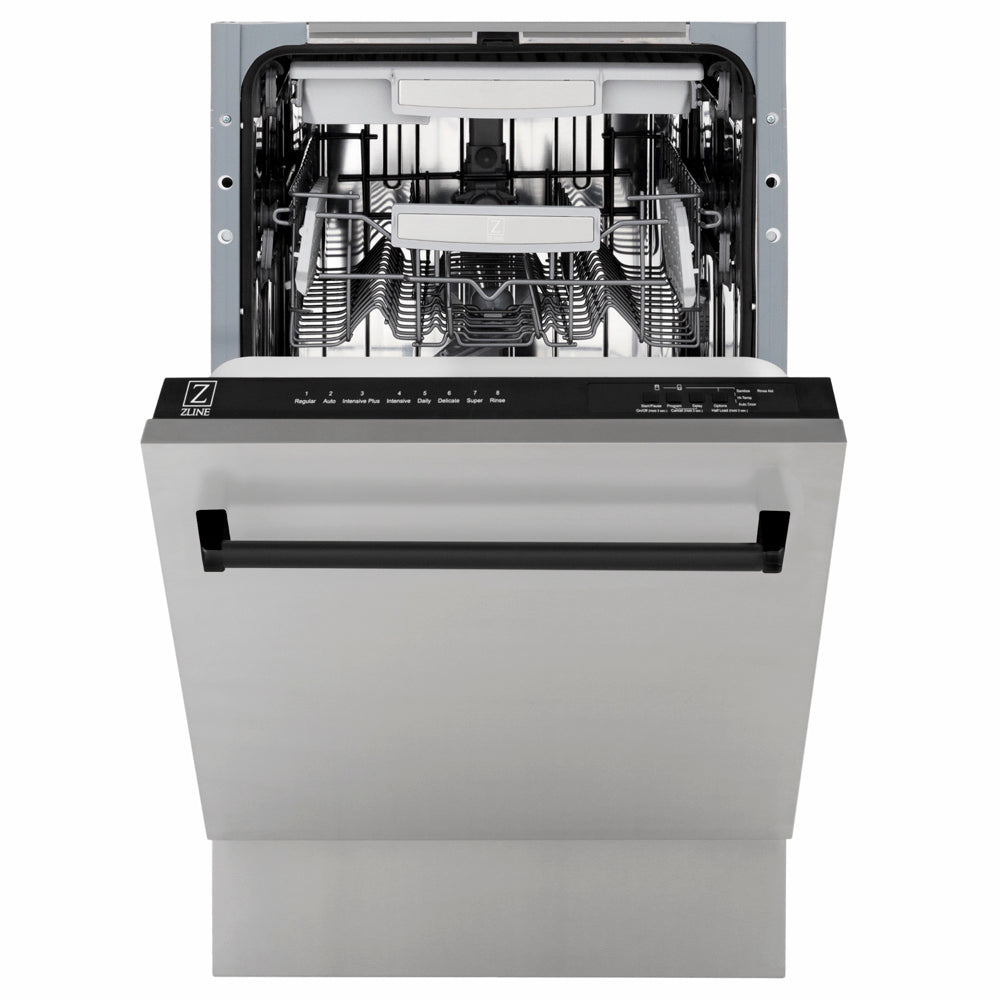 ZLINE Autograph Edition 18 in. Tallac Series 3rd Rack Dishwasher with Auto Door Open Drying, 51dBa, Stainless Steel Panel with Matte Black Handle (DWVZ-304-18-MB) front, half open.