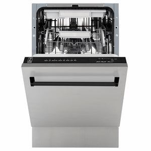 ZLINE Autograph Edition 18 in. Tallac Series 3rd Rack Dishwasher with Auto Door Open Drying, 51dBa, Stainless Steel Panel with Matte Black Handle (DWVZ-304-18-MB) front, half open.
