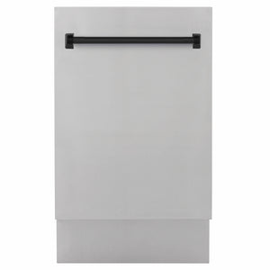 ZLINE Autograph Edition 18 in. Tallac Series 3rd Rack Dishwasher with Auto Door Open Drying, 51dBa, Stainless Steel Panel with Matte Black Handle (DWVZ-304-18-MB) main image.