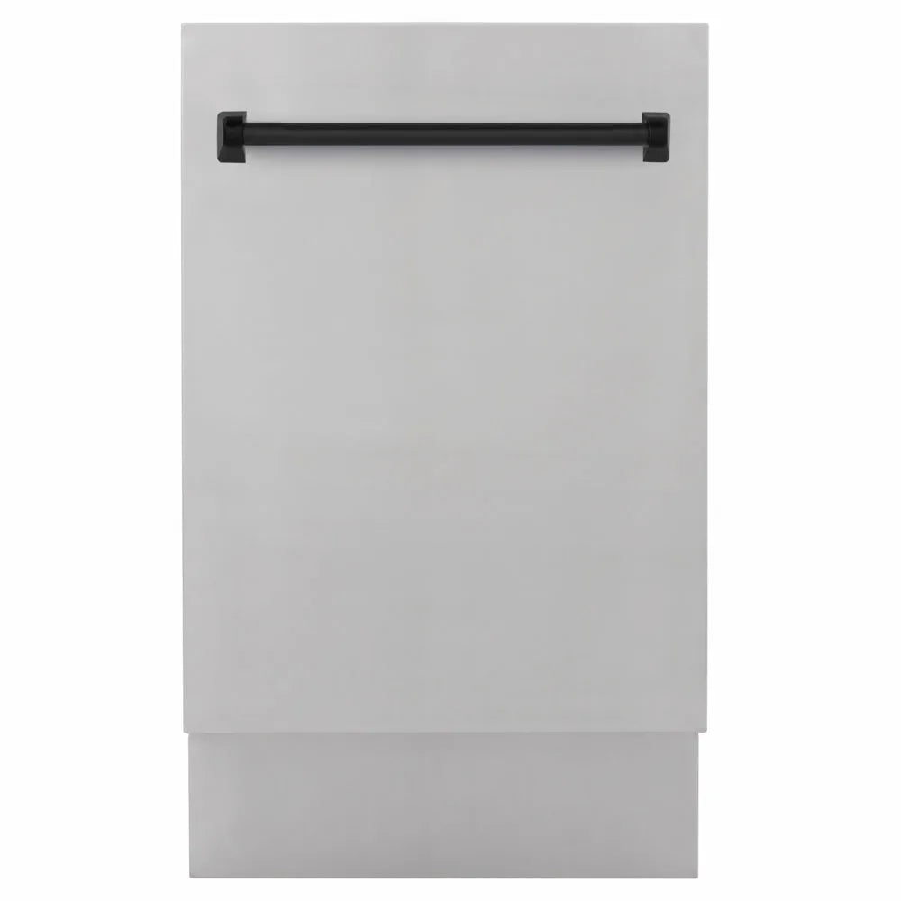 ZLINE Autograph Edition 18 in. Tallac Series 3rd Rack Dishwasher with Auto Door Open Drying, 51dBa, Stainless Steel Panel with Matte Black Handle (DWVZ-304-18-MB) main image.