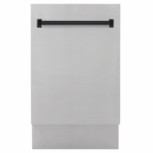 ZLINE Autograph Edition 18 in. Tallac Series 3rd Rack Dishwasher with Auto Door Open Drying, 51dBa, Stainless Steel Panel with Matte Black Handle (DWVZ-304-18-MB) main image.