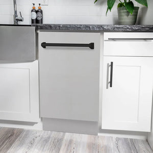 ZLINE Autograph Edition 18 in. Tallac Series 3rd Rack Dishwasher with Auto Door Open Drying, 51dBa, Stainless Steel Panel with Matte Black Handle (DWVZ-304-18-MB) in a modern kitchen with white cabinets and a gray countertop.