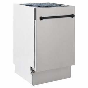 ZLINE Autograph Edition 18 in. Tallac Series 3rd Rack Dishwasher with Auto Door Open Drying, 51dBa, Stainless Steel Panel with Matte Black Handle (DWVZ-304-18-MB) side.