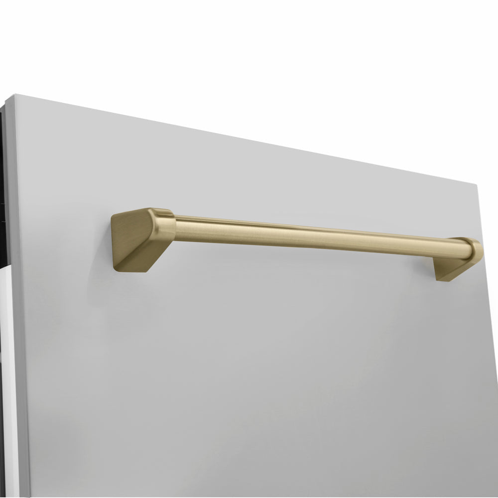 ZLINE Autograph Edition 24 in. Tallac Series 3rd Rack Dishwasher with Auto Door Open Drying, 51dBa, Stainless Steel Panel with Champagne Bronze Handle (DWVZ-304-24-CB) close-up, handle location.