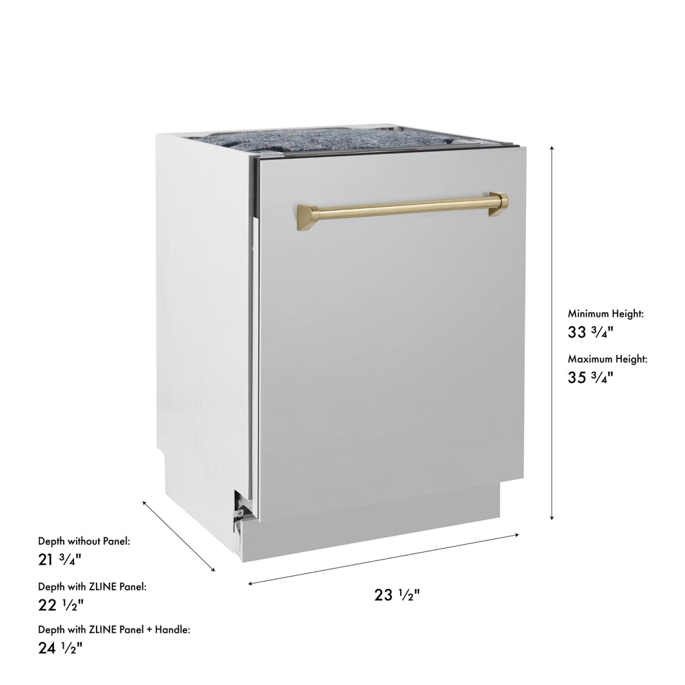 ZLINE Autograph Edition 24 in. Tallac Series 3rd Rack Dishwasher with Auto Door Open Drying, 51dBa, Stainless Steel Panel with Champagne Bronze Handle (DWVZ-304-24-CB) with dimensions labeled.