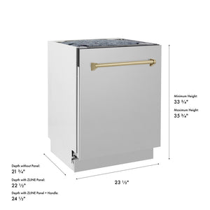 ZLINE Autograph Edition 24 in. Tallac Series 3rd Rack Dishwasher with Auto Door Open Drying, 51dBa, Stainless Steel Panel with Champagne Bronze Handle (DWVZ-304-24-CB) with dimensions labeled.