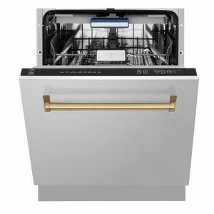 ZLINE Autograph Edition 24 in. Tallac Series 3rd Rack Dishwasher with Auto Door Open Drying, 51dBa, Stainless Steel Panel with Champagne Bronze Handle (DWVZ-304-24-CB) front, half open.