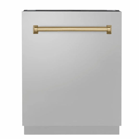 ZLINE Autograph Edition 24 in. Tallac Series 3rd Rack Dishwasher with Auto Door Open Drying, 51dBa, Stainless Steel Panel with Champagne Bronze Handle (DWVZ-304-24-CB) main image.