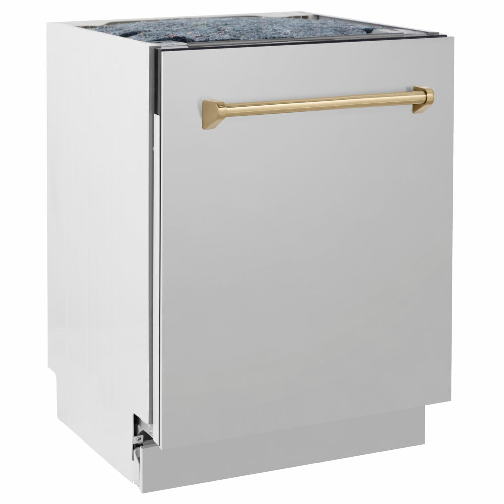 ZLINE Autograph Edition 24 in. Tallac Series 3rd Rack Dishwasher with Auto Door Open Drying, 51dBa, Stainless Steel Panel with Champagne Bronze Handle (DWVZ-304-24-CB) side.