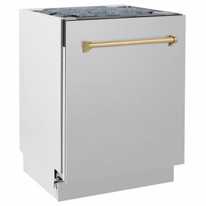 ZLINE Autograph Edition 24 in. Tallac Series 3rd Rack Dishwasher with Auto Door Open Drying, 51dBa, Stainless Steel Panel with Champagne Bronze Handle (DWVZ-304-24-CB) side.