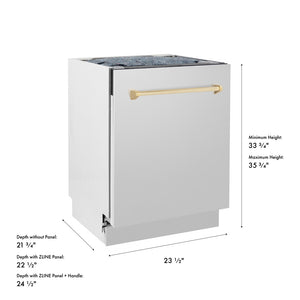 ZLINE Autograph Edition 24 in. Tallac Series 3rd Rack Dishwasher with Auto Door Open Drying, 51dBa, Stainless Steel Panel with Polished Gold Handle (DWVZ-304-24-G) with dimensions labeled.