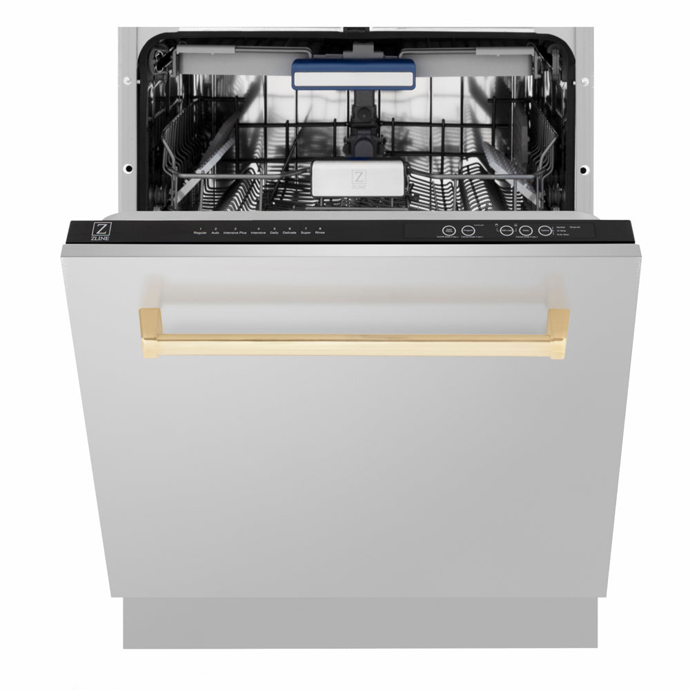 ZLINE Autograph Edition 24 in. Tallac Series 3rd Rack Dishwasher with Auto Door Open Drying, 51dBa, Stainless Steel Panel with Polished Gold Handle (DWVZ-304-24-G) front, half open.