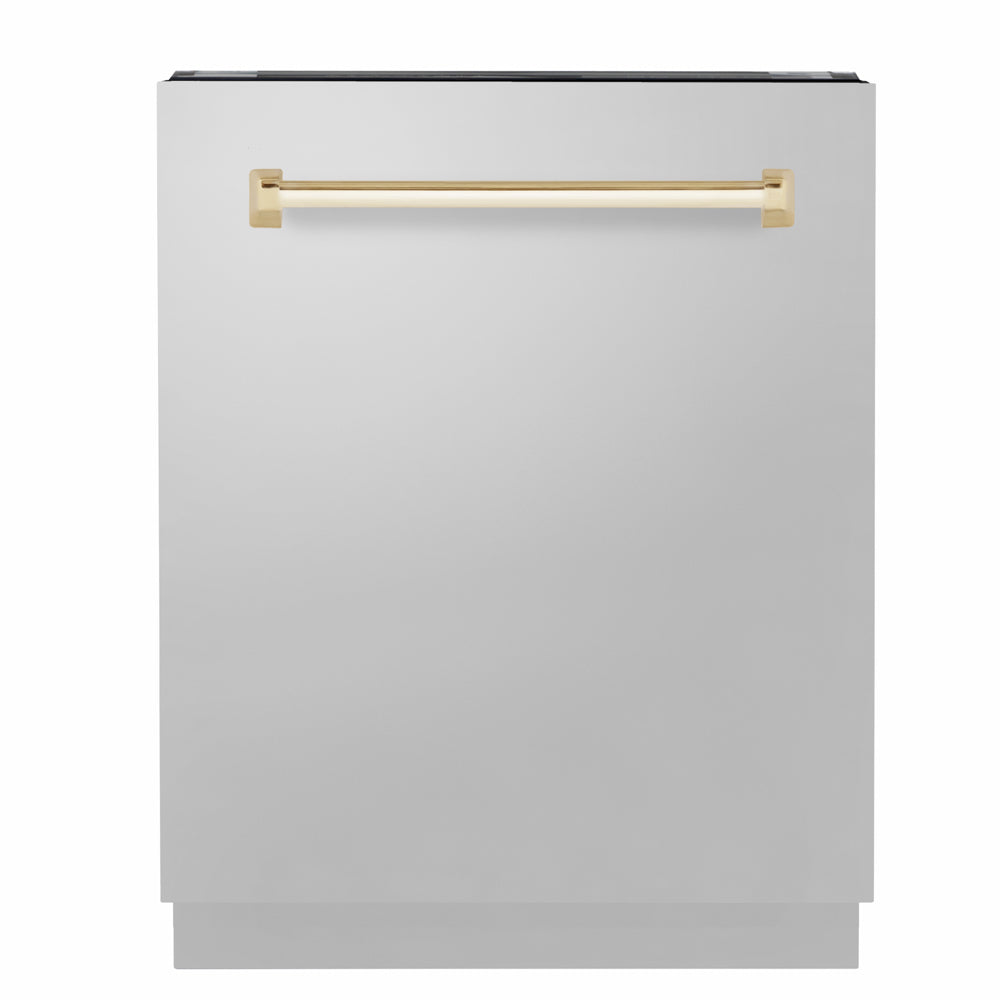 ZLINE Autograph Edition 24 in. Tallac Series 3rd Rack Dishwasher with Auto Door Open Drying, 51dBa, Stainless Steel Panel with Polished Gold Handle (DWVZ-304-24-G) main image.