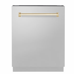 ZLINE Autograph Edition 24 in. Tallac Series 3rd Rack Dishwasher with Auto Door Open Drying, 51dBa, Stainless Steel Panel with Polished Gold Handle (DWVZ-304-24-G) main image.