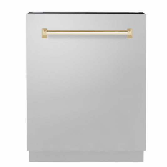 ZLINE Autograph Edition 24 in. Tallac Series 3rd Rack Dishwasher with Auto Door Open Drying, 51dBa, Stainless Steel Panel with Polished Gold Handle (DWVZ-304-24-G)