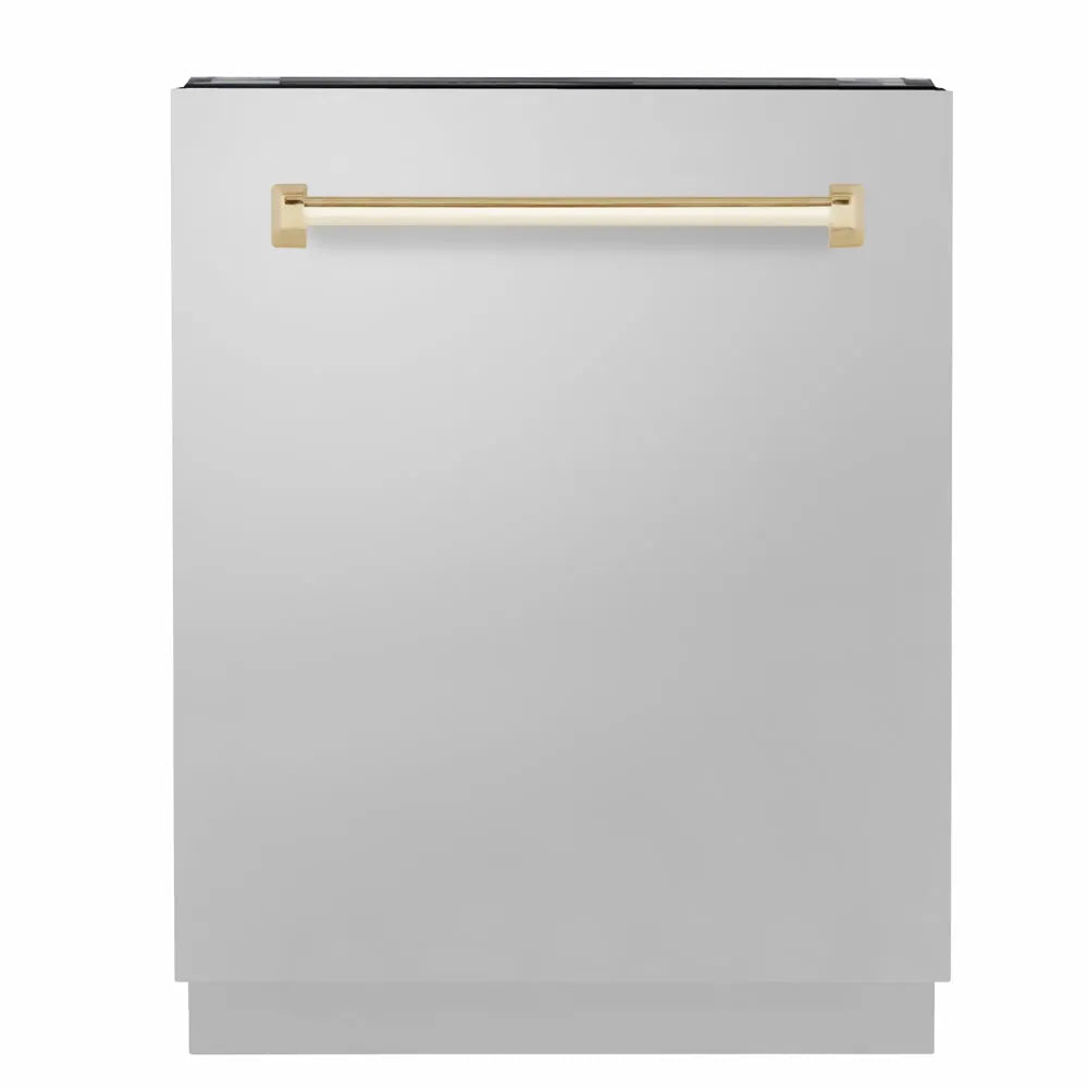 ZLINE Autograph Edition 24 in. Tallac Series 3rd Rack Dishwasher with Auto Door Open Drying, 51dBa, Stainless Steel Panel with Polished Gold Handle (DWVZ-304-24-G) main image.