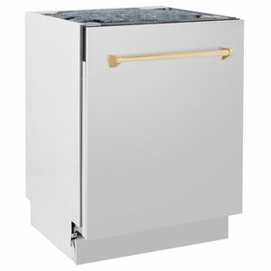 ZLINE Autograph Edition 24 in. Tallac Series 3rd Rack Dishwasher with Auto Door Open Drying, 51dBa, Stainless Steel Panel with Polished Gold Handle (DWVZ-304-24-G) side.