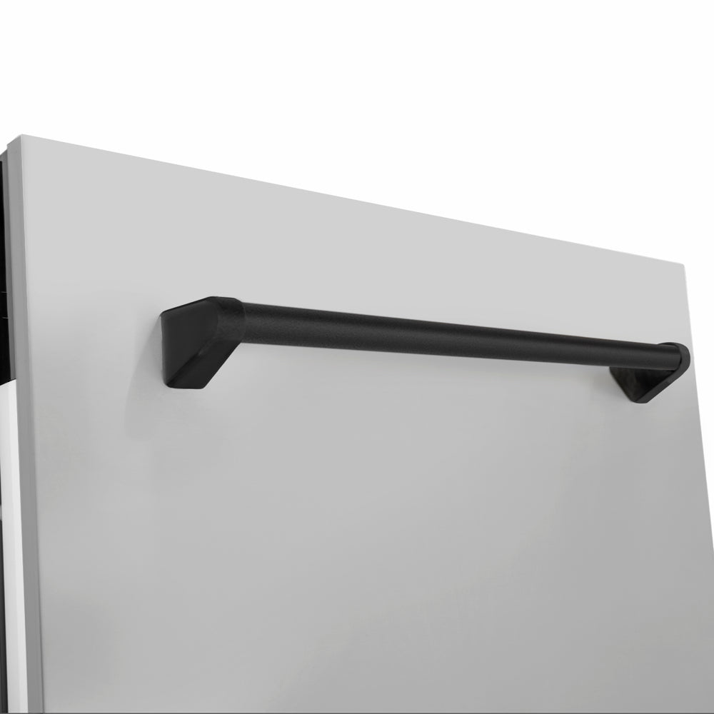 ZLINE Autograph Edition 24 in. Tallac Series 3rd Rack Dishwasher with Auto Door Open Drying, 51dBa, Stainless Steel Panel with Matte Black Handle (DWVZ-304-24-MB) close-up, handle location.