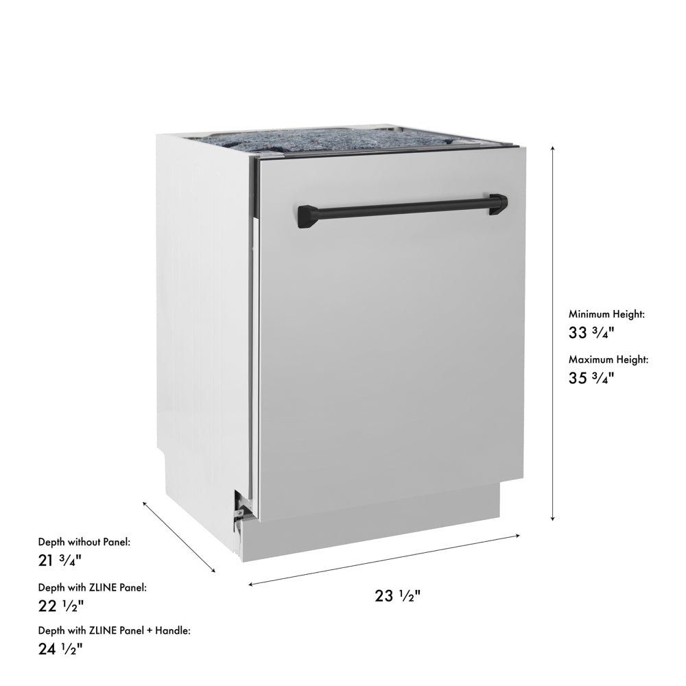 ZLINE Autograph Edition 24 in. Tallac Series 3rd Rack Dishwasher with Auto Door Open Drying, 51dBa, Stainless Steel Panel with Matte Black Handle (DWVZ-304-24-MB) with dimensions labeled.