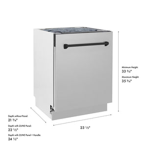 ZLINE Autograph Edition 24 in. Tallac Series 3rd Rack Dishwasher with Auto Door Open Drying, 51dBa, Stainless Steel Panel with Matte Black Handle (DWVZ-304-24-MB) with dimensions labeled.
