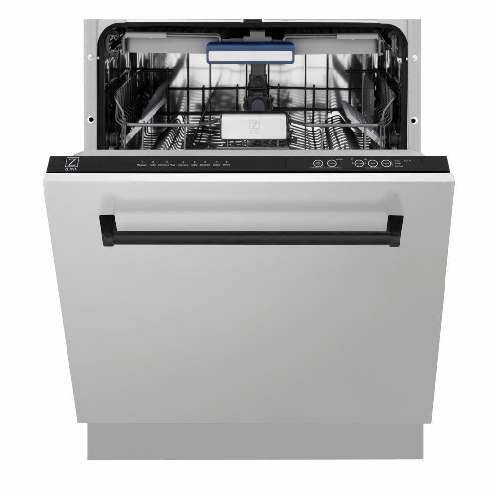 ZLINE Autograph Edition 24 in. Tallac Series 3rd Rack Dishwasher with Auto Door Open Drying, 51dBa, Stainless Steel Panel with Matte Black Handle (DWVZ-304-24-MB) front, half open.