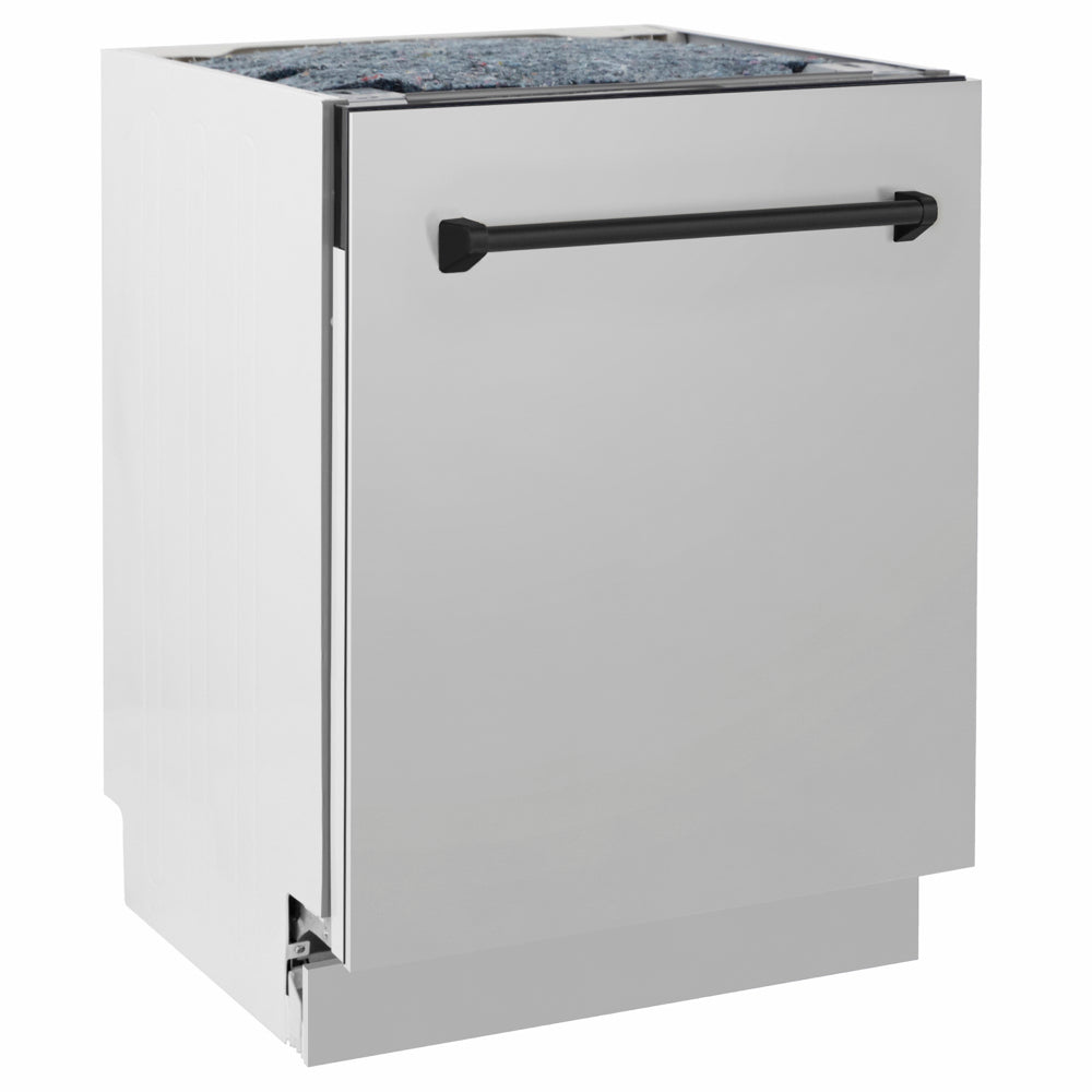 ZLINE Autograph Edition 24 in. Tallac Series 3rd Rack Dishwasher with Auto Door Open Drying, 51dBa, Stainless Steel Panel with Matte Black Handle (DWVZ-304-24-MB) side.
