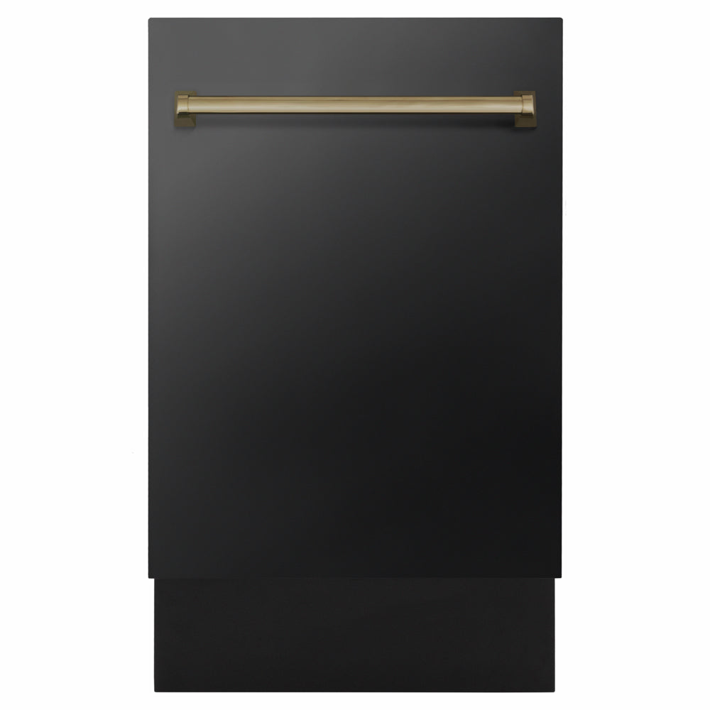 ZLINE Autograph Edition 18 in. Tallac Series 3rd Rack Dishwasher with Auto Door Open Drying, 51dBa, Black Stainless Steel Panel with Champagne Bronze Handle (DWVZ-BS-18-CB) main image.