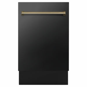 ZLINE Autograph Edition 18 in. Tallac Series 3rd Rack Dishwasher with Auto Door Open Drying, 51dBa, Black Stainless Steel Panel with Champagne Bronze Handle (DWVZ-BS-18-CB) main image.