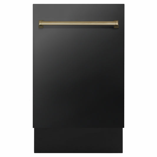 ZLINE Autograph Edition 18 in. Tallac Series 3rd Rack Dishwasher with Auto Door Open Drying, 51dBa, Black Stainless Steel Panel with Champagne Bronze Handle (DWVZ-BS-18-CB)