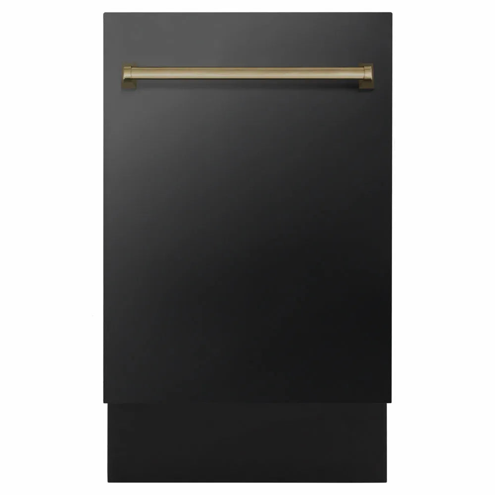 ZLINE Autograph Edition 18 in. Tallac Series 3rd Rack Dishwasher with Auto Door Open Drying, 51dBa, Black Stainless Steel Panel with Champagne Bronze Handle (DWVZ-BS-18-CB) main image.