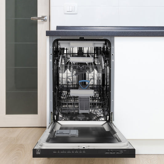 ZLINE Autograph Edition 18 in. Tallac Series 3rd Rack Dishwasher with Auto Door Open Drying, 51dBa, Black Stainless Steel Panel with Champagne Bronze Handle (DWVZ-BS-18-CB)