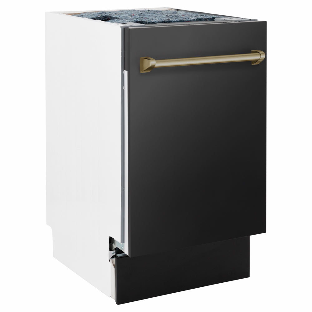 ZLINE Autograph Edition 18 in. Tallac Series 3rd Rack Dishwasher with Auto Door Open Drying, 51dBa, Black Stainless Steel Panel with Champagne Bronze Handle (DWVZ-BS-18-CB) side.