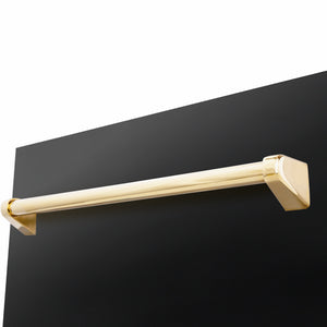 ZLINE Autograph Edition 18 in. Tallac Series 3rd Rack Dishwasher with Auto Door Open Drying, 51dBa, Black Stainless Steel Panel with Polished Gold Handle (DWVZ-BS-18-G) close-up, handle location.