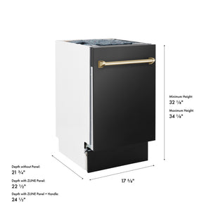 ZLINE Autograph Edition 18 in. Tallac Series 3rd Rack Dishwasher with Auto Door Open Drying, 51dBa, Stainless Steel Panel with Polished Gold Handle (DWVZ-304-18-G) with dimensions labeled.
