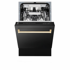 ZLINE Autograph Edition 18 in. Tallac Series 3rd Rack Dishwasher with Auto Door Open Drying, 51dBa, Black Stainless Steel Panel with Polished Gold Handle (DWVZ-BS-18-G) front, half open.