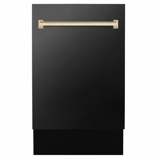 ZLINE Autograph Edition 18 in. Tallac Series 3rd Rack Dishwasher with Auto Door Open Drying, 51dBa, Black Stainless Steel Panel with Polished Gold Handle (DWVZ-BS-18-G)