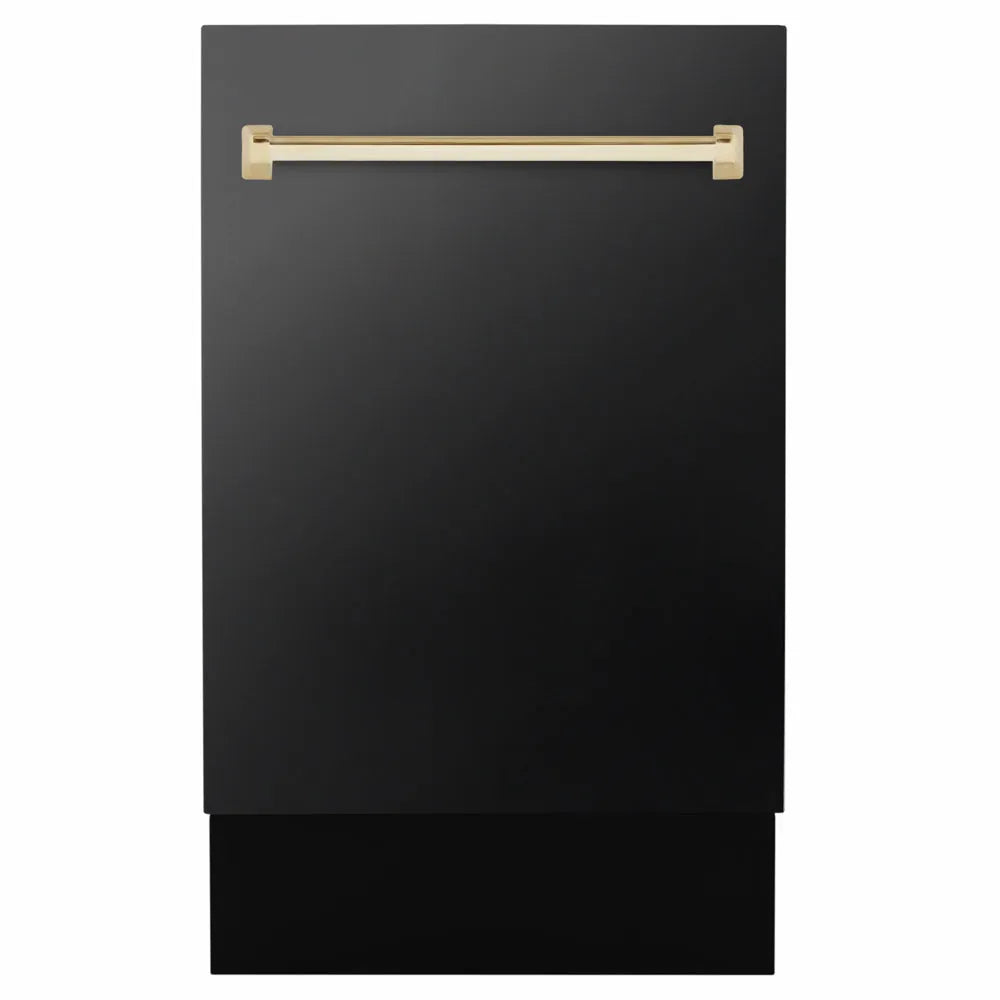ZLINE Autograph Edition 18 in. Tallac Series 3rd Rack Dishwasher with Auto Door Open Drying, 51dBa, Black Stainless Steel Panel with Polished Gold Handle (DWVZ-BS-18-G) main image.