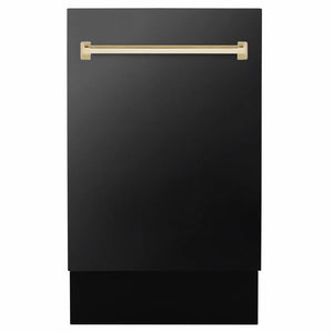 ZLINE Autograph Edition 18 in. Tallac Series 3rd Rack Dishwasher with Auto Door Open Drying, 51dBa, Black Stainless Steel Panel with Polished Gold Handle (DWVZ-BS-18-G) main image.