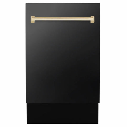 ZLINE Autograph Edition 18 in. Tallac Series 3rd Rack Dishwasher with Auto Door Open Drying, 51dBa, Stainless Steel Panel with Polished Gold Handle (DWVZ-304-18-G) main image.