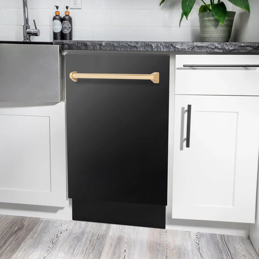 ZLINE Autograph Edition 18 in. Tallac Series 3rd Rack Dishwasher with Auto Door Open Drying, 51dBa, Black Stainless Steel Panel with Polished Gold Handle (DWVZ-BS-18-G) in a modern kitchen with white cabinets and a gray countertop.