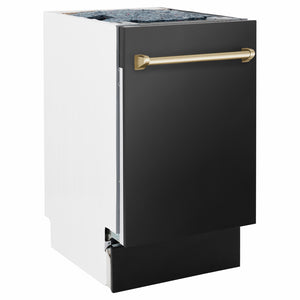 ZLINE Autograph Edition 18 in. Tallac Series 3rd Rack Dishwasher with Auto Door Open Drying, 51dBa, Stainless Steel Panel with Polished Gold Handle (DWVZ-304-18-G) side.